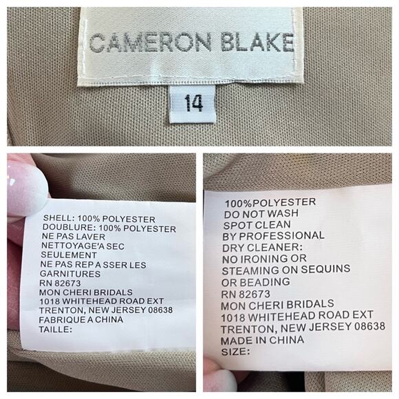 Cameron Blake Evening Gown Dress Sequins A-Line Women’s Champagne Latte Satin 14 - Picture 13 of 15
